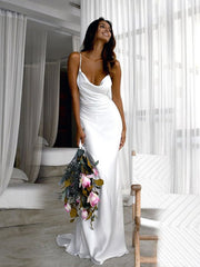 Woven Satin Ruched Spaghetti Straps Sweep/Brush Train Sleeveless Wedding Dresses