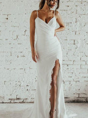Wholesale Sheath/Column Spaghetti Straps Ruched Sleeveless Sweep/Brush Train Wedding Dresses