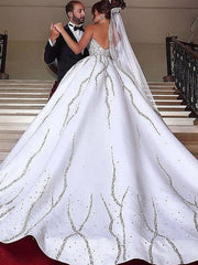 Ball Gown Sweetheart Satin Beading Sleeveless Sweep/Brush Train Wedding Dresses