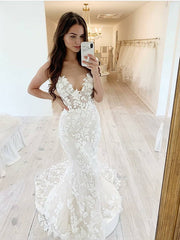 Wholesale Trumpet/Mermaid Tulle Applique V-neck Sleeveless Sweep/Brush Train Wedding Dresses