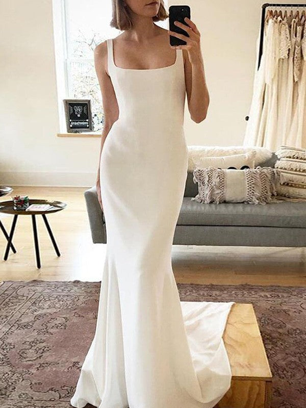 Tight straight tube elastic crepe shoulder strap sleeveless sweeping ruffle edge wedding dress
