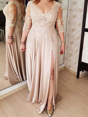A-shaped Princess Elastic Woven Satin Sticker V-neck 3/4 Sleeve Sweeping Brush and Floor Length Bride Mother of the Bride Dresses