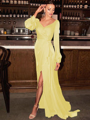 Tight column silk pleated V-neck long sleeved sweeping and floor length bride Mother of the Bride Dresses