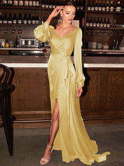 Tight column silk pleated V-neck long sleeved sweeping and floor length bride Mother of the Bride Dresses