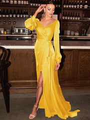 Tight column silk pleated V-neck long sleeved sweeping and floor length bride Mother of the Bride Dresses