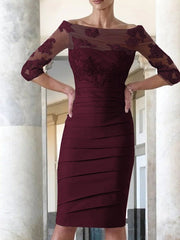 Elegant tight fitting straight tube satin decal 3/4 sleeve knee length bridal Mother of the Bride Dresses