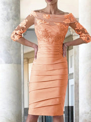 Elegant tight fitting straight tube satin decal 3/4 sleeve knee length bridal Mother of the Bride Dresses