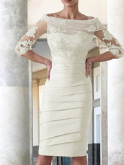 Elegant tight fitting straight tube satin decal 3/4 sleeve knee length bridal Mother of the Bride Dresses