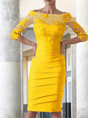 Elegant tight fitting straight tube satin decal 3/4 sleeve knee length bridal Mother of the Bride Dresses