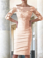 Elegant tight fitting straight tube satin decal 3/4 sleeve knee length bridal Mother of the Bride Dresses