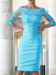 Elegant tight fitting straight tube satin decal 3/4 sleeve knee length bridal Mother of the Bride Dresses
