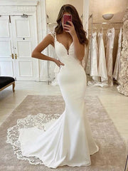 Sheath/Column Lace V-neck Sleeveless Sweep/Brush Train Wedding Dresses