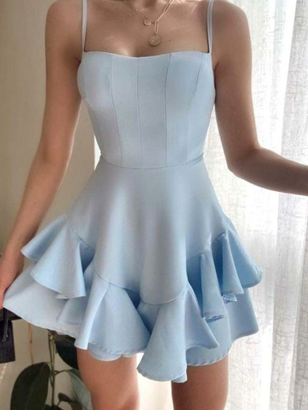 Unique Princess Style Elastic Crepe Ruffle Edge Thin Shoulder Strap Sleeveless Short Homecoming Dress
