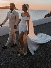 Wholesale Sheath/Column Stretch Crepe Ruched Off-the-Shoulder Sleeveless Chapel Train Wedding Dresses