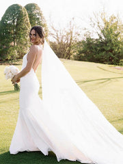 Wholesale Sheath/Column Stretch Crepe V-neck Sleeveless Court Train Wedding Dresses