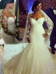 Wholesale Trumpet/Mermaid Long Sleeves Sweetheart Sweep/Brush Train Applique Tulle Wedding Dresses