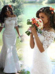 Wholesale Trumpet/Mermaid Off-the-Shoulder 1/2 Sleeves Lace Court Train Wedding Dresses