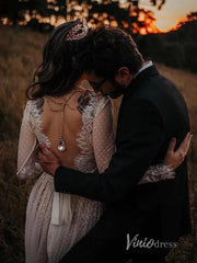 Polka Dot Boho Wedding Dresses with Sleeves Viniodress VW1114