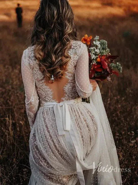 Polka Dot Boho Wedding Dresses with Sleeves Viniodress VW1114