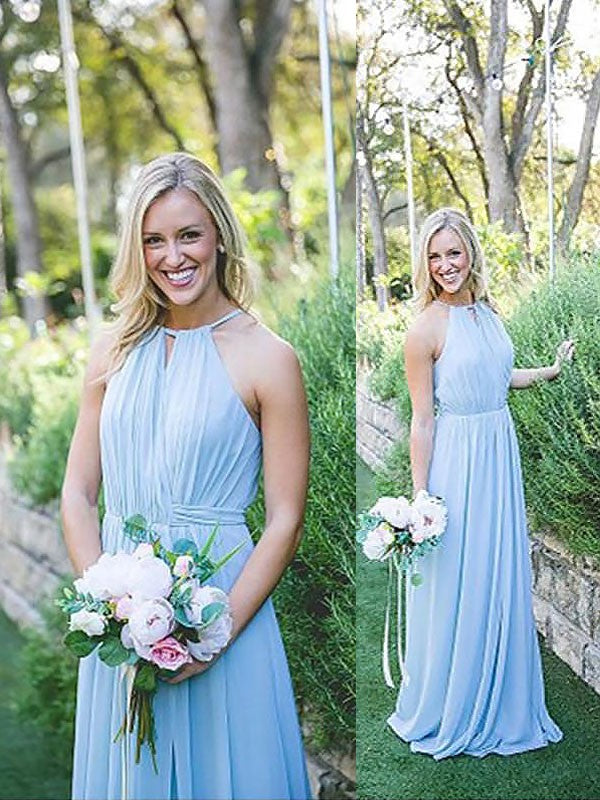 Halter Chiffon Blue Long Bridesmaid Dress
