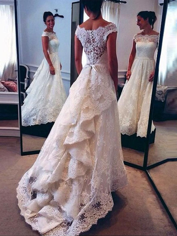Wholesale A-Line/Princess Scoop Lace Sweep/Brush Train Sleeveless Wedding Dresses