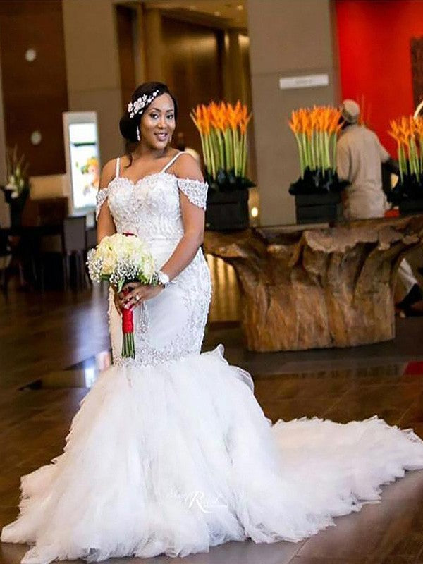 Wholesale Trumpet/Mermaid Sleeveless Off-the-Shoulder Court Train Beading Tulle Wedding Dresses