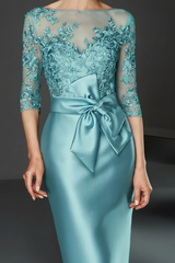 Bateau 3/4 Long Sleeves Satin Mother of the Bride Dresses with Lace