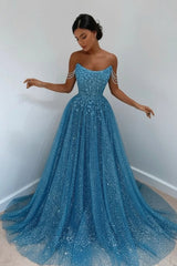 Sparkly Sky Blue Off-the-Shoulder Prom Dress Long with Sequins