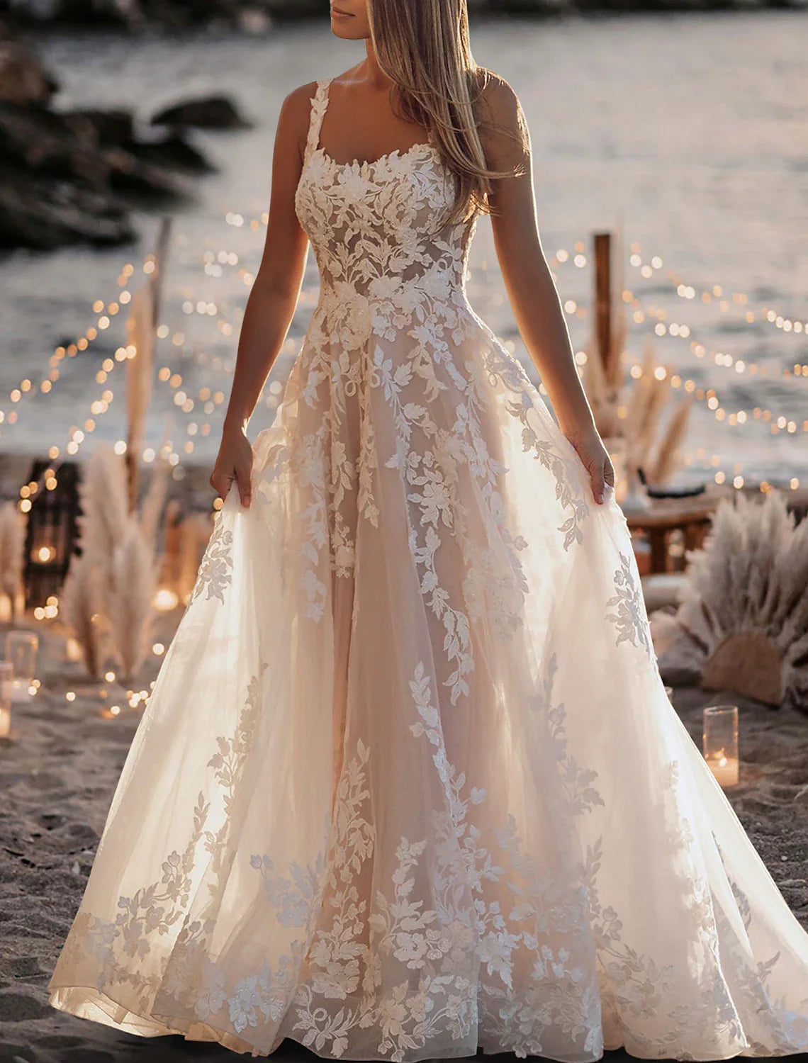Wholesale Beach Formal Wedding Dresses A-Line Square Neck Sleeveless Sweep / Brush Train Lace Bridal Gowns With Pleats Solid Color