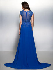Wholesa Sheath / Column Elegant Floral Formal Evening Wedding Party Dress Illusion Neck Short Sleeve Sweep / Brush Train Chiffon with Appliques