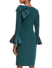 Sheath / Column Mother of the Bride Dress Vintage Minimalist Elegant Jewel Neck Knee Length Shantung Stretch Satin Stretch Fabric Long Sleeve with Bow(s) Ruffles Draping