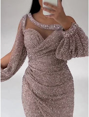 Mermaid Dress Evening Gown Champagne Gown Sparkle Sequin Dress Formal Floor Length Long Sleeve Scoop Neck with Ruched Slit