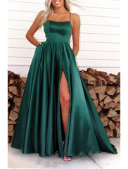 A-Line Prom Dresses Open Back Dress Formal Wedding Party Sweep / Brush Train Sleeveless Spaghetti Strap Satin Backless with Pleats