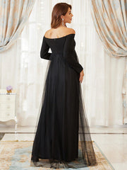A-Line Mother of the Bride Dress Maternity Elegant Off Shoulder Floor Length Tulle Long Sleeve with Tier Black