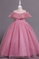 Hocille Pretty Dusty Pink Tulle Flower Girl Dress with Long Ruffle Sleeves and Spot