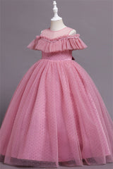 Hocille Pretty Dusty Pink Tulle Flower Girl Dress with Long Ruffle Sleeves and Spot