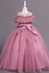 Hocille Pretty Dusty Pink Tulle Flower Girl Dress with Long Ruffle Sleeves and Spot