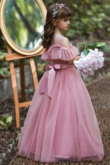 Hocille Pretty Dusty Pink Tulle Flower Girl Dress with Long Ruffle Sleeves and Spot
