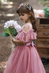 Hocille Pretty Dusty Pink Tulle Flower Girl Dress with Long Ruffle Sleeves and Spot