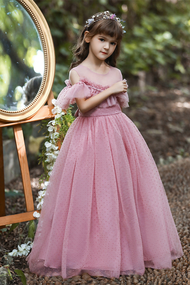 Hocille Pretty Dusty Pink Tulle Flower Girl Dress with Long Ruffle Sleeves and Spot