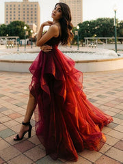 High Low Burgundy Prom Dress Sweetheart Fluffy Aline Evening Dress