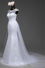 Pretty Jewel Lace Long Mermaid Wedding Dress With Overskirt