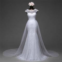 Pretty Jewel Lace Long Mermaid Wedding Dress With Overskirt