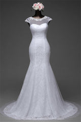 Pretty Jewel Lace Long Mermaid Wedding Dress With Overskirt