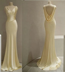 Unique Mermaid V Neckline Yellow Satin Prom Dresses Bodycon Long Evening Dress