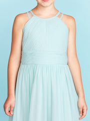 Princess A-Line Jewel Neck Floor Length Chiffon Flower Girl Dress with Ruched Side-Draped Wedding Party Open Back