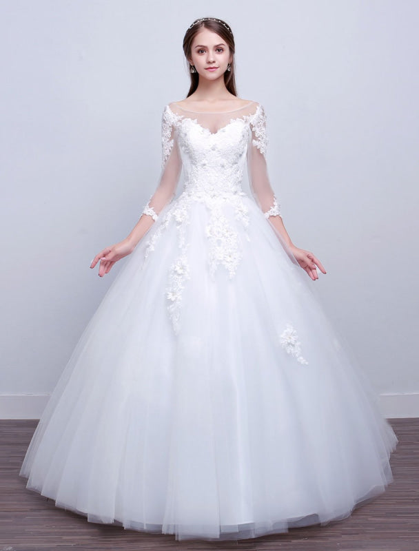 Princess Ball Gown Wedding Dresses Long Sleeve Lace Illusion Ivory Floor Length Bridal Dress