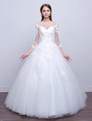 Princess Ball Gown Wedding Dresses Long Sleeve Lace Illusion Ivory Floor Length Bridal Dress