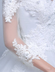 Princess Ball Gown Wedding Dresses Long Sleeve Lace Illusion Ivory Floor Length Bridal Dress