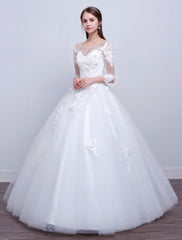 Princess Ball Gown Wedding Dresses Long Sleeve Lace Illusion Ivory Floor Length Bridal Dress